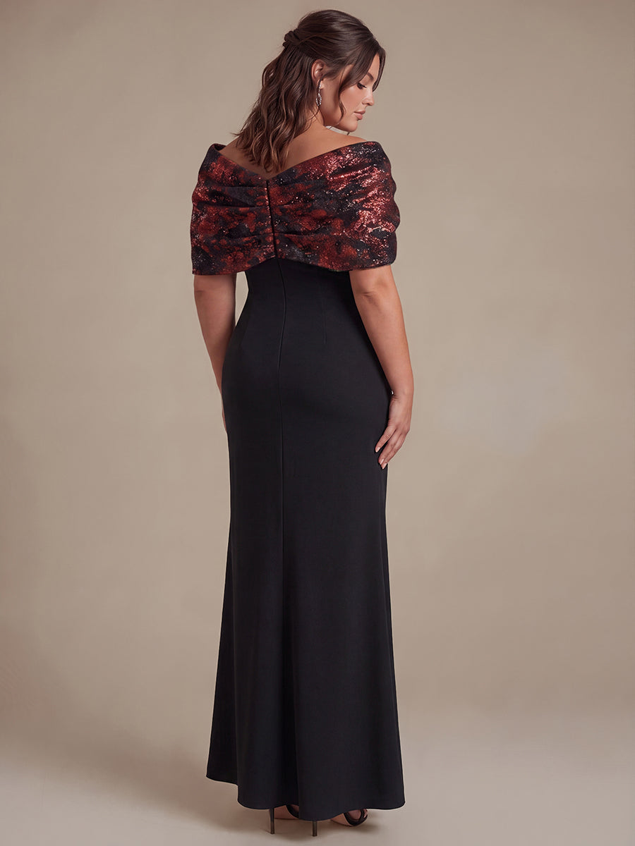 Knot Detail Jacquard Shawl Sleeve Evening Dress