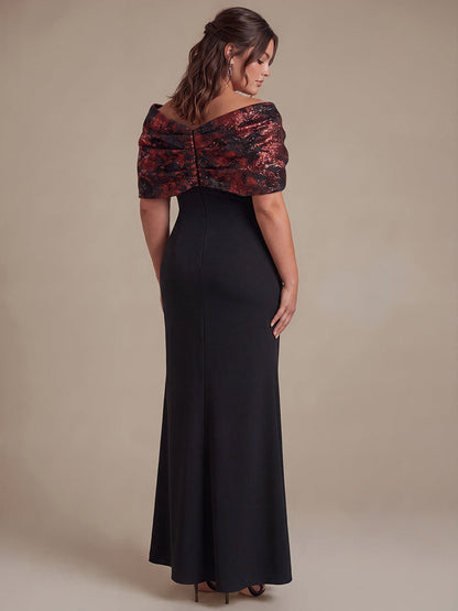 Knot Detail Jacquard Shawl Sleeve Evening Dress