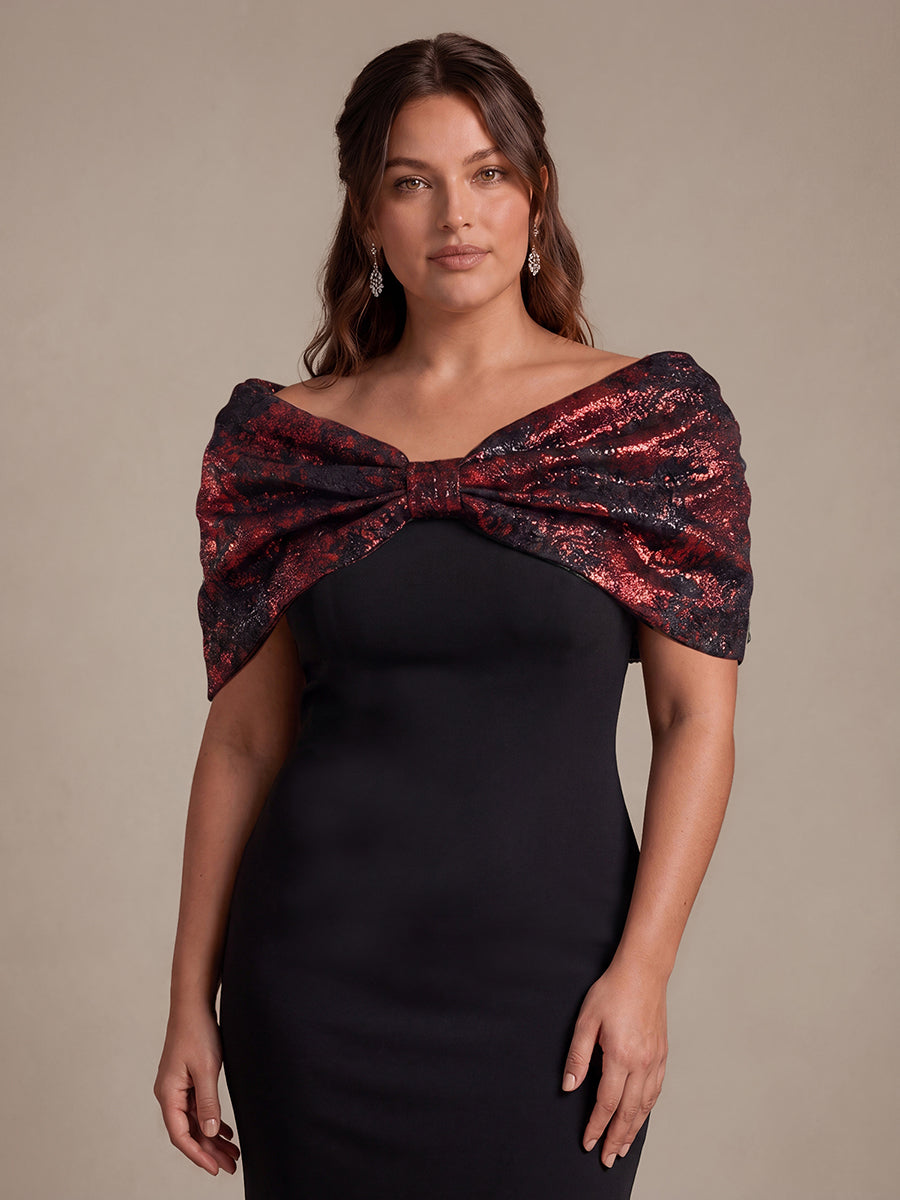 Knot Detail Jacquard Shawl Sleeve Evening Dress