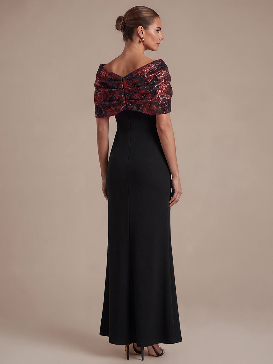 Knot Detail Jacquard Shawl Sleeve Evening Dress