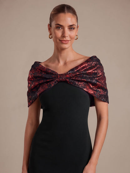Knot Detail Jacquard Shawl Sleeve Evening Dress