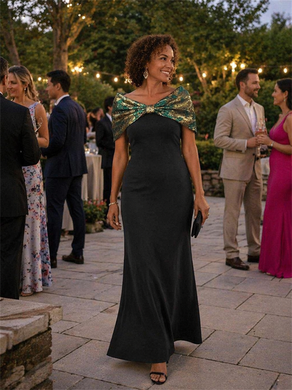 Knot Detail Jacquard Shawl Sleeve Evening Dress
