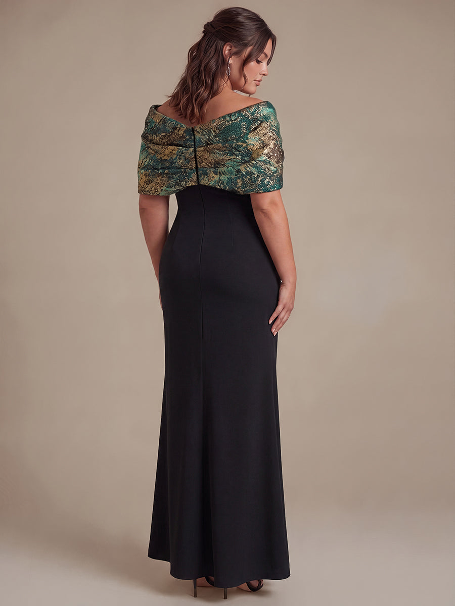 Knot Detail Jacquard Shawl Sleeve Evening Dress
