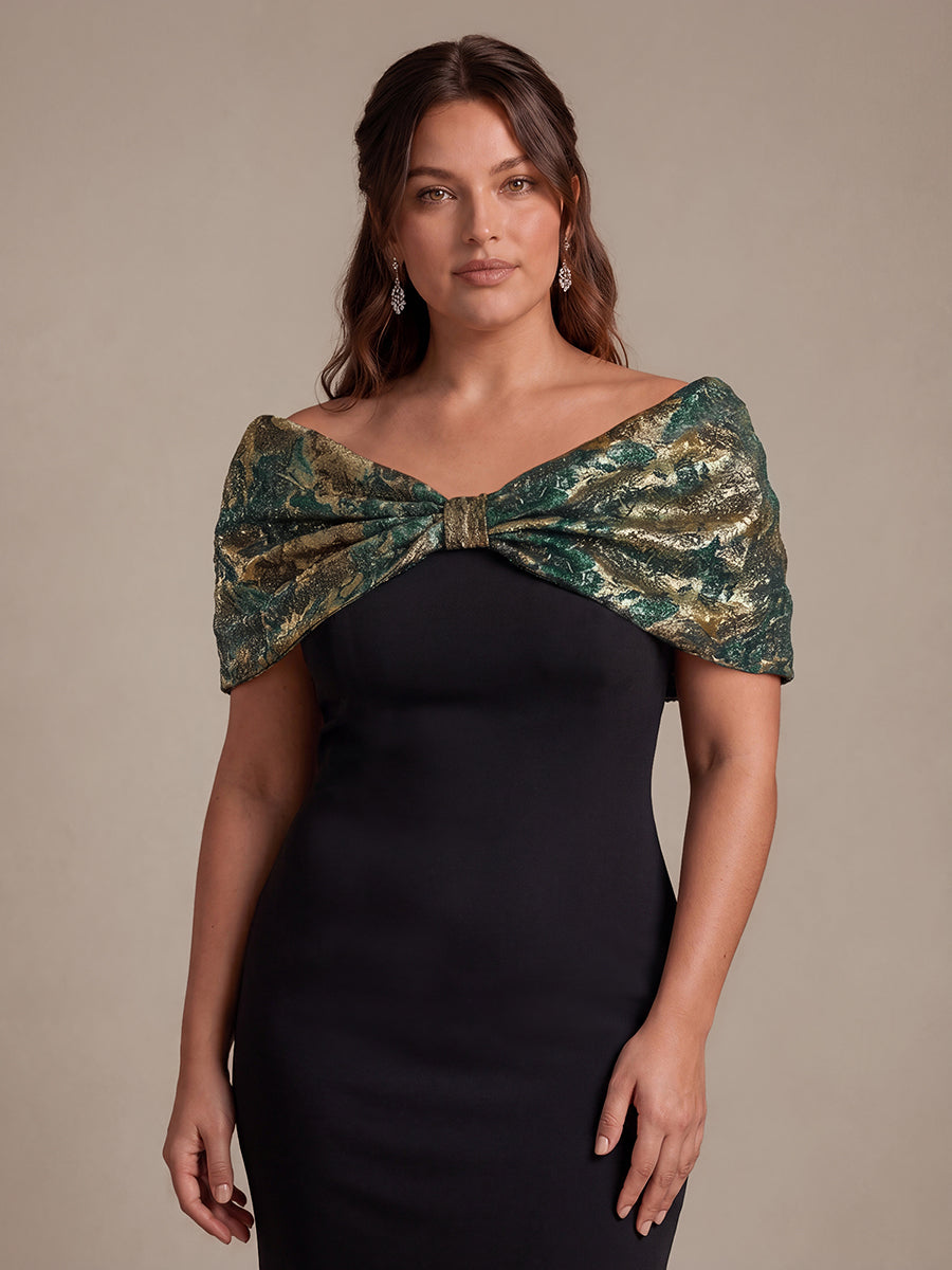Knot Detail Jacquard Shawl Sleeve Evening Dress