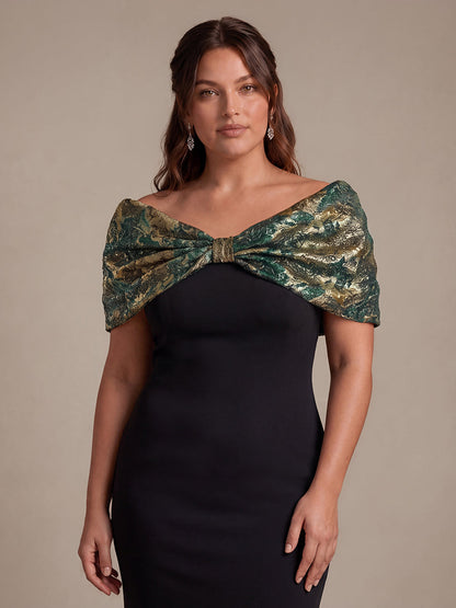Plus Size Formal Evening Dress with Metallic Jacquard Shawl