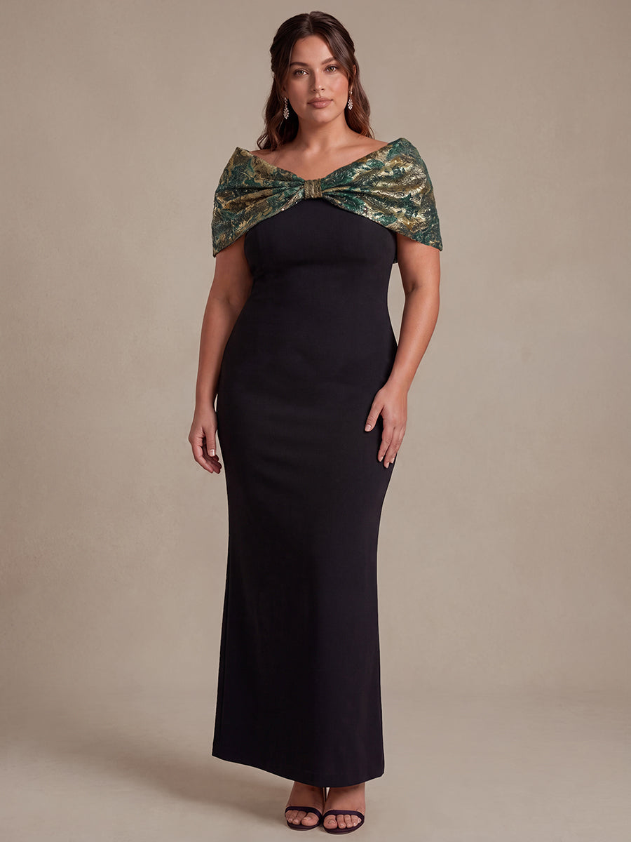 Plus Size Formal Evening Dress with Metallic Jacquard Shawl
