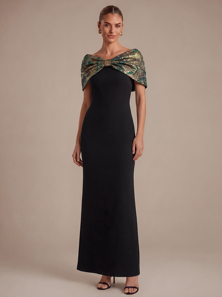 Knot Detail Jacquard Shawl Sleeve Evening Dress