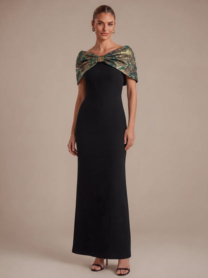 Knot Detail Jacquard Shawl Sleeve Evening Dress