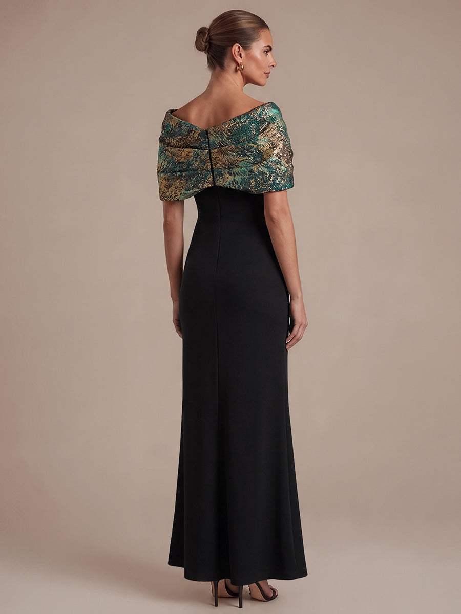 Knot Detail Jacquard Shawl Sleeve Evening Dress