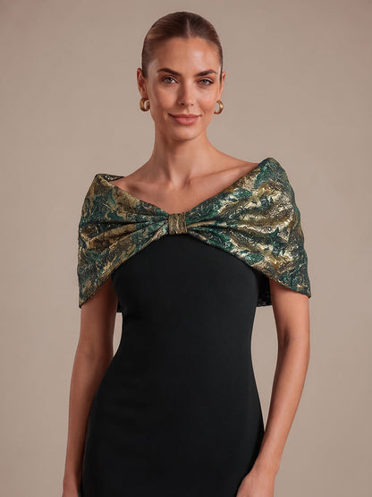 Knot Detail Jacquard Shawl Sleeve Evening Dress