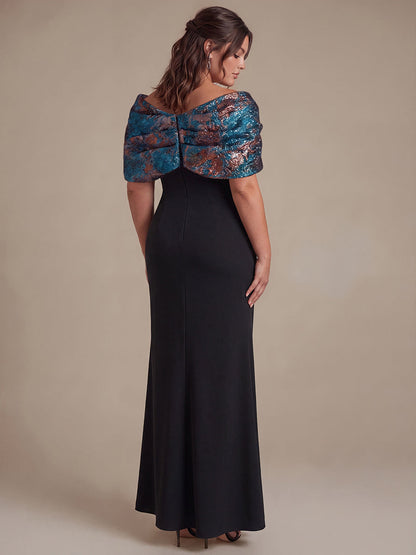 Plus Size Formal Evening Dress with Metallic Jacquard Shawl