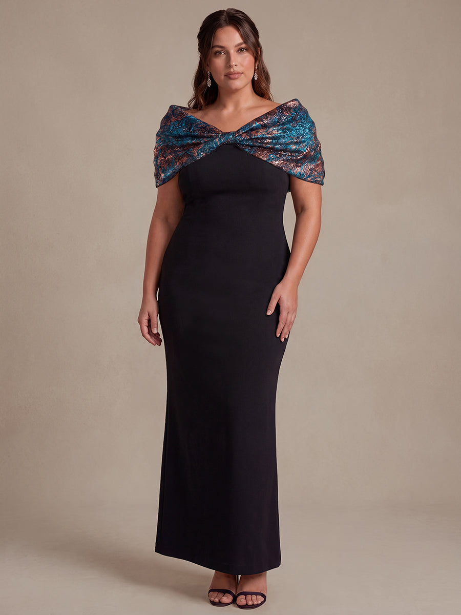 Plus Size Formal Evening Dress with Metallic Jacquard Shawl