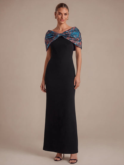Knot Detail Jacquard Shawl Sleeve Evening Dress