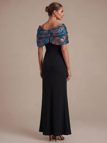 Knot Detail Jacquard Shawl Sleeve Evening Dress