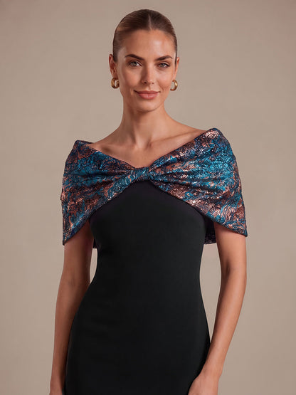 Knot Detail Jacquard Shawl Sleeve Evening Dress