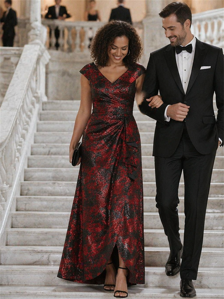 Ruffle Jacquard Cap Sleeve Evening Dress
