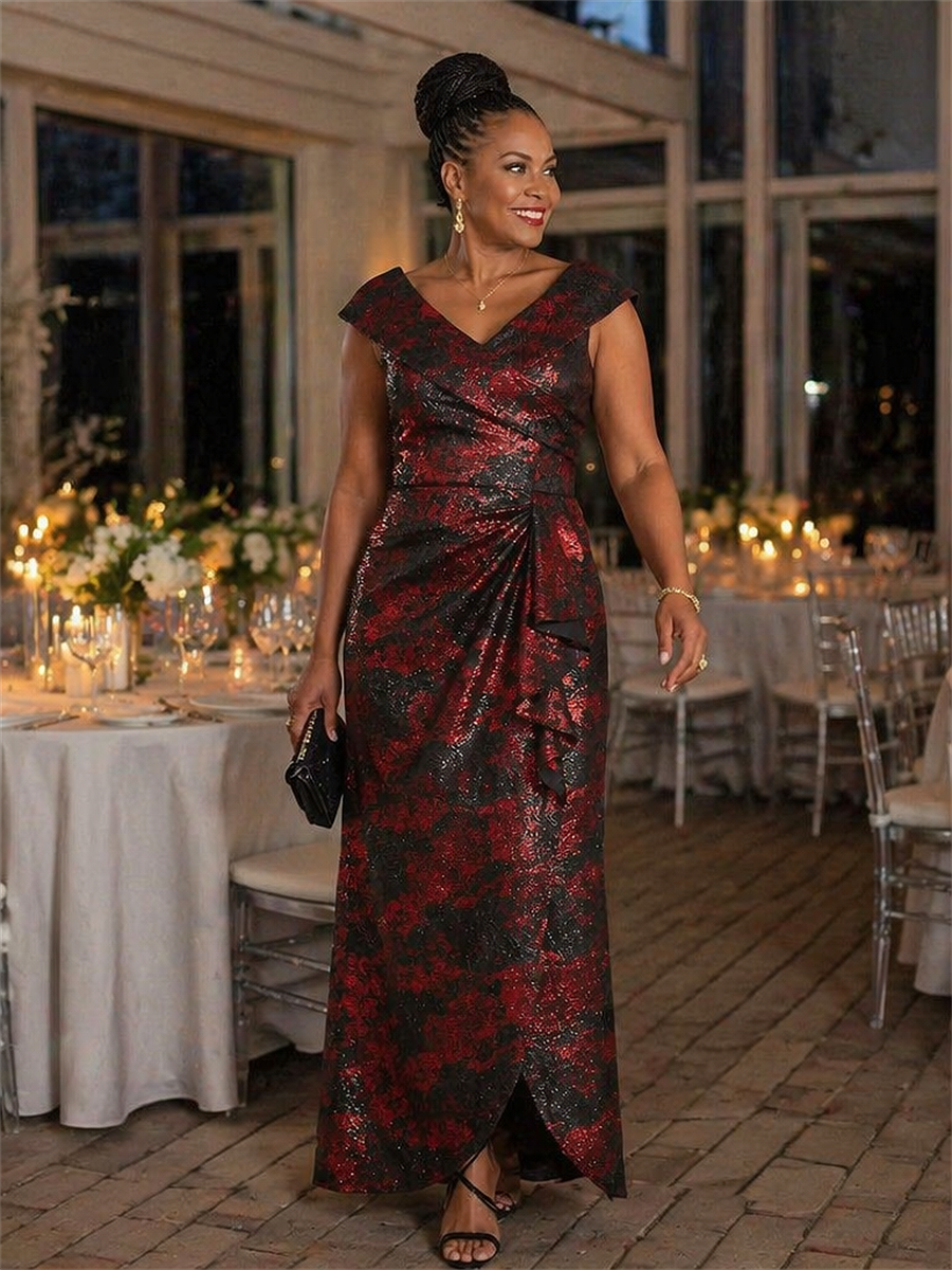 Ruffle Jacquard Cap Sleeve Evening Dress
