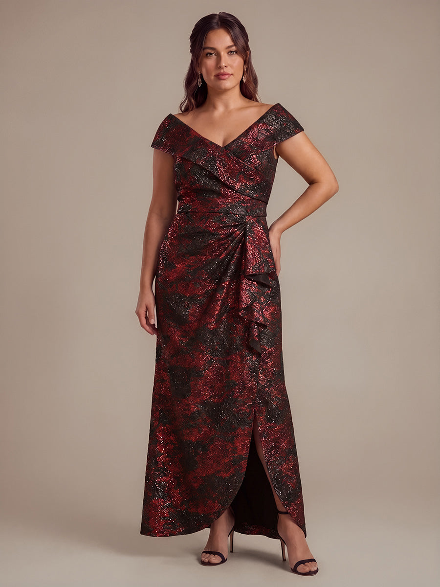 Plus Size Slit Jacquard Cap Sleeve Evening Dress