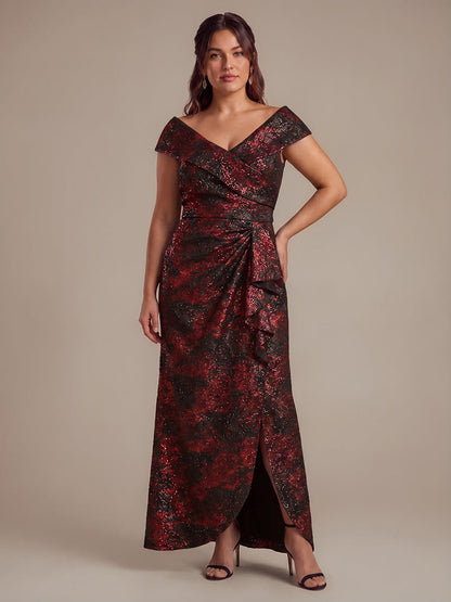 Plus Size Slit Jacquard Cap Sleeve Evening Dress