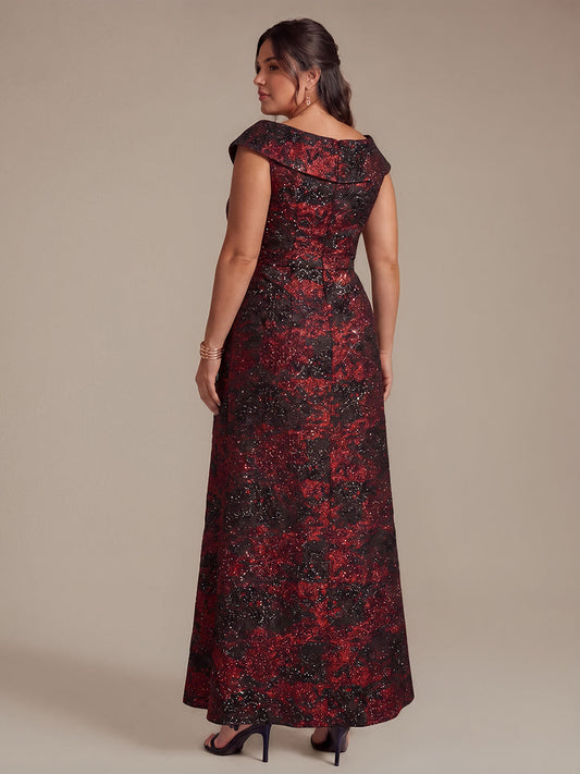Plus Size Slit Jacquard Cap Sleeve Evening Dress