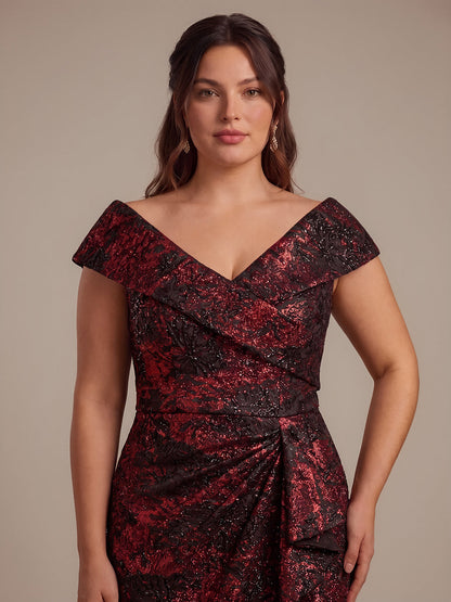Plus Size Slit Jacquard Cap Sleeve Evening Dress