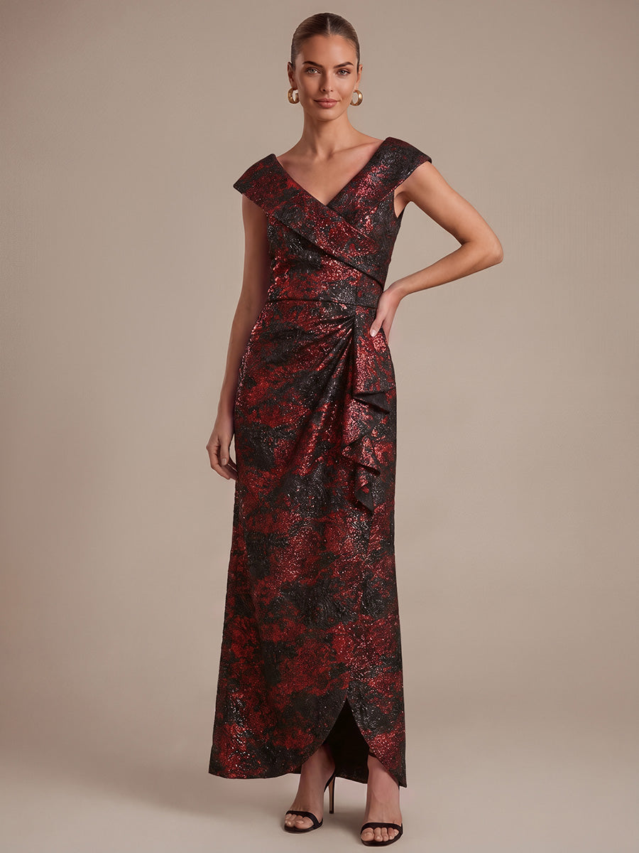 Ruffle Jacquard Cap Sleeve Evening Dress