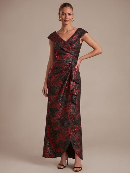 Ruffle Jacquard Cap Sleeve Evening Dress
