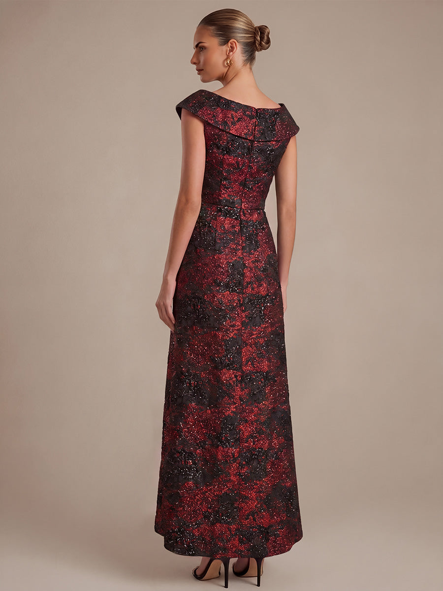 Ruffle Jacquard Cap Sleeve Evening Dress