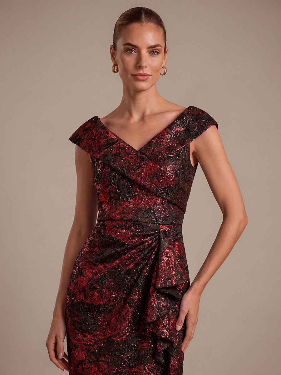 Ruffle Jacquard Cap Sleeve Evening Dress