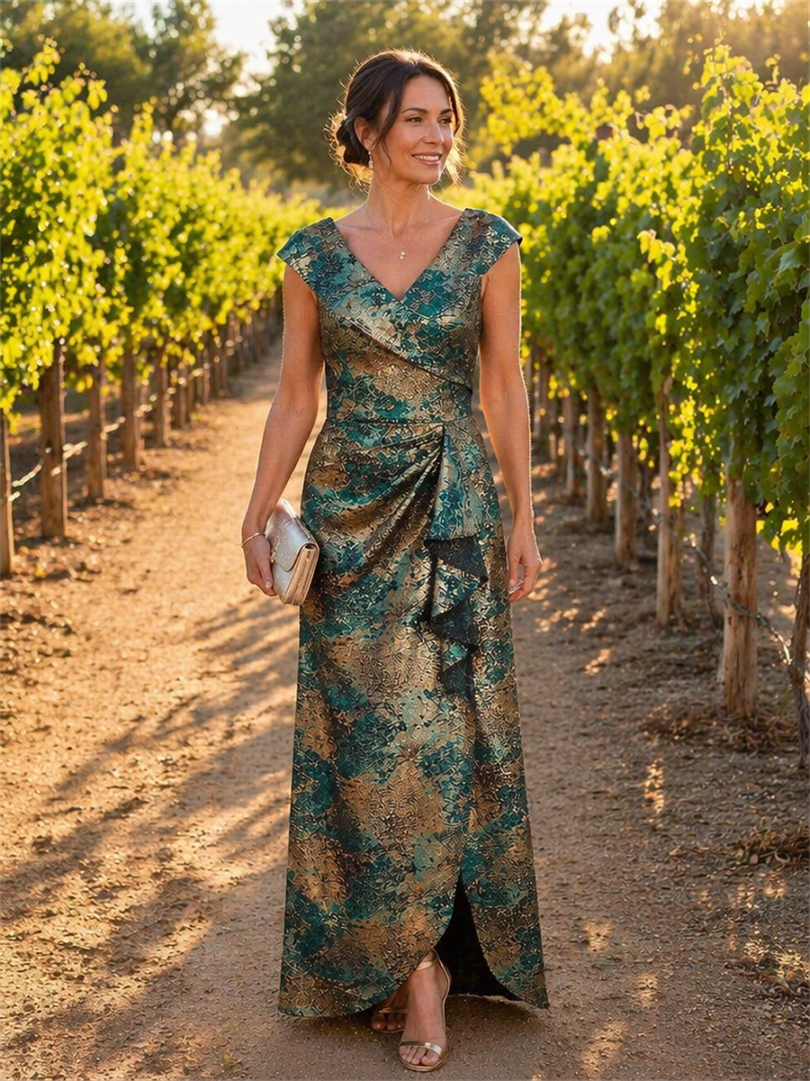 Ruffle Jacquard Cap Sleeve Evening Dress
