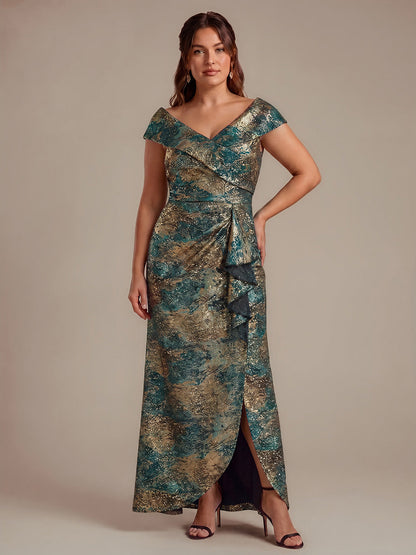 Plus Size Slit Jacquard Cap Sleeve Evening Dress