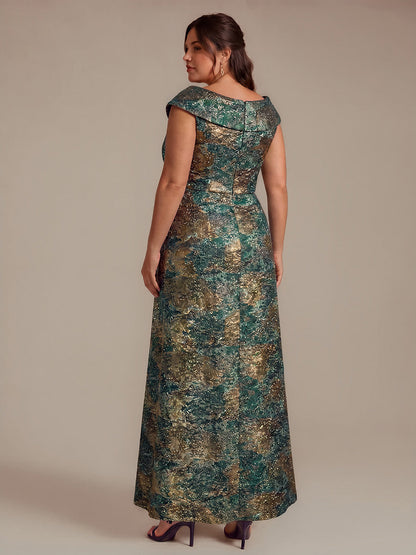 Ruffle Jacquard Cap Sleeve Evening Dress