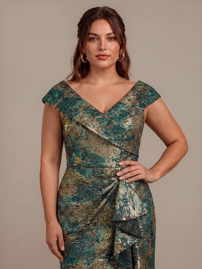 Plus Size Slit Jacquard Cap Sleeve Evening Dress