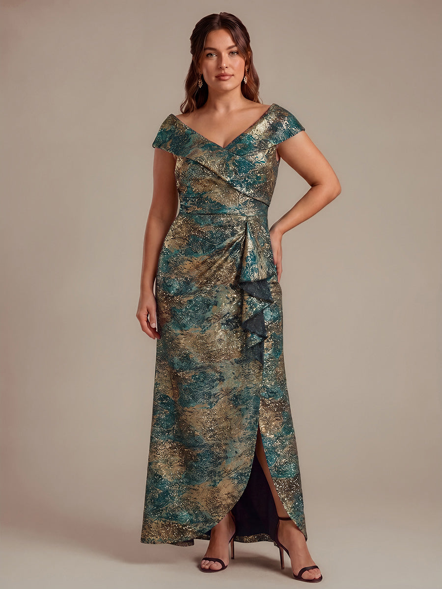 Ruffle Jacquard Cap Sleeve Evening Dress