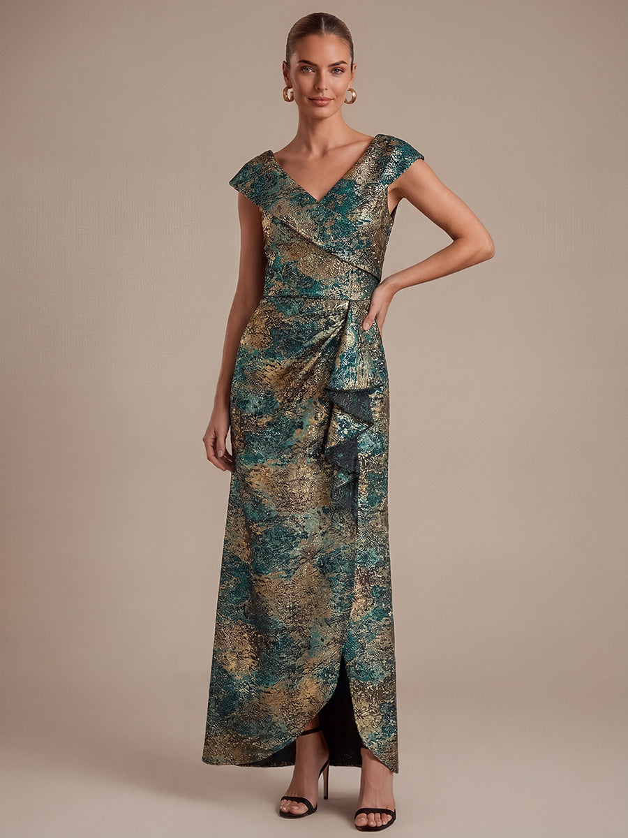 Ruffle Jacquard Cap Sleeve Evening Dress