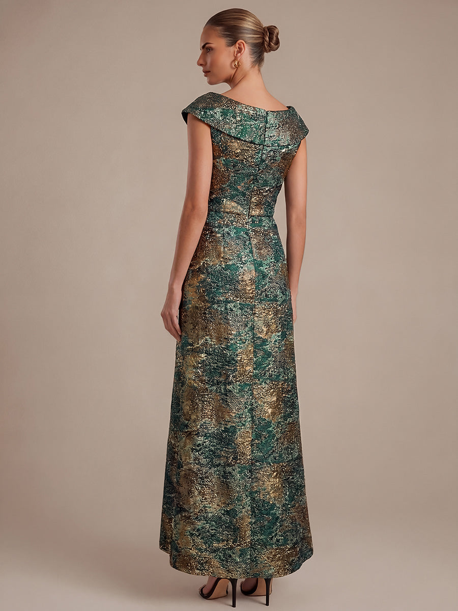 Ruffle Jacquard Cap Sleeve Evening Dress