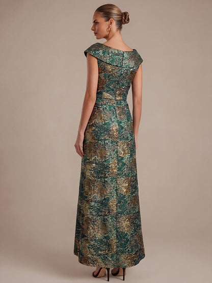 Ruffle Jacquard Cap Sleeve Evening Dress