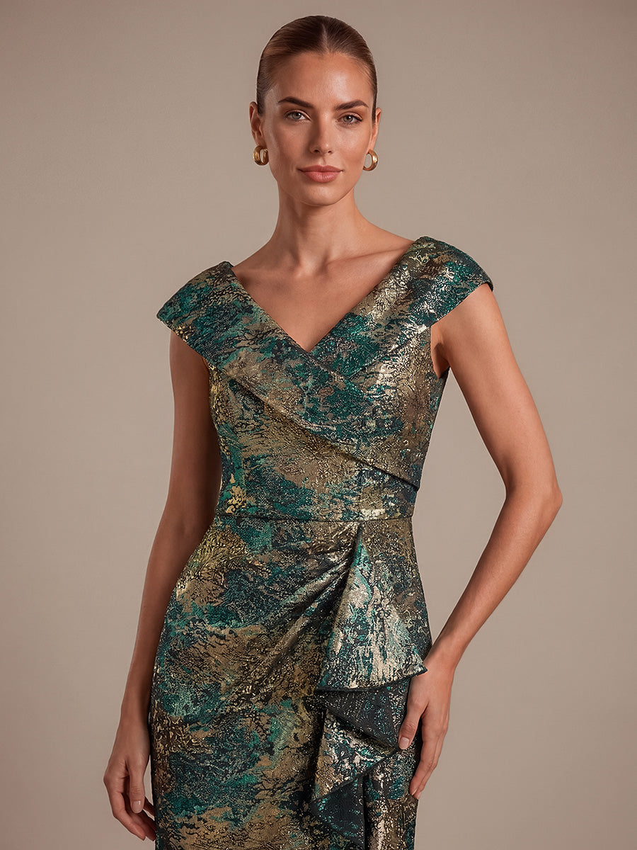 Ruffle Jacquard Cap Sleeve Evening Dress