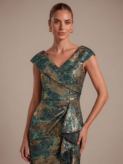 Ruffle Jacquard Cap Sleeve Evening Dress