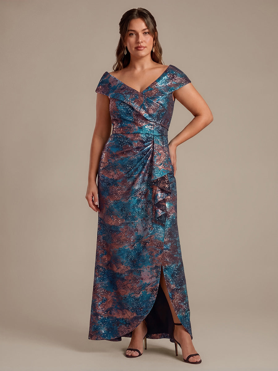 Plus Size Slit Jacquard Cap Sleeve Evening Dress