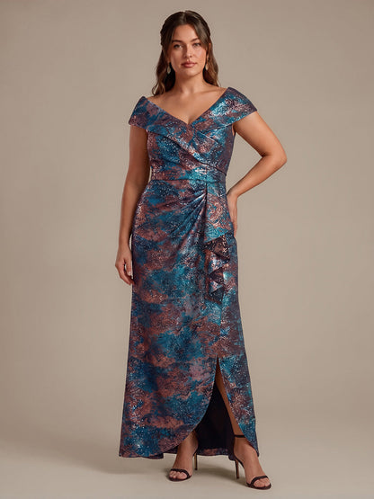 Plus Size Slit Jacquard Cap Sleeve Evening Dress