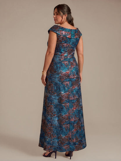 Ruffle Jacquard Cap Sleeve Evening Dress