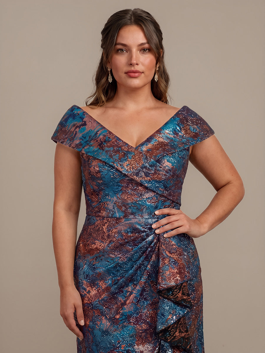 Plus Size Slit Jacquard Cap Sleeve Evening Dress