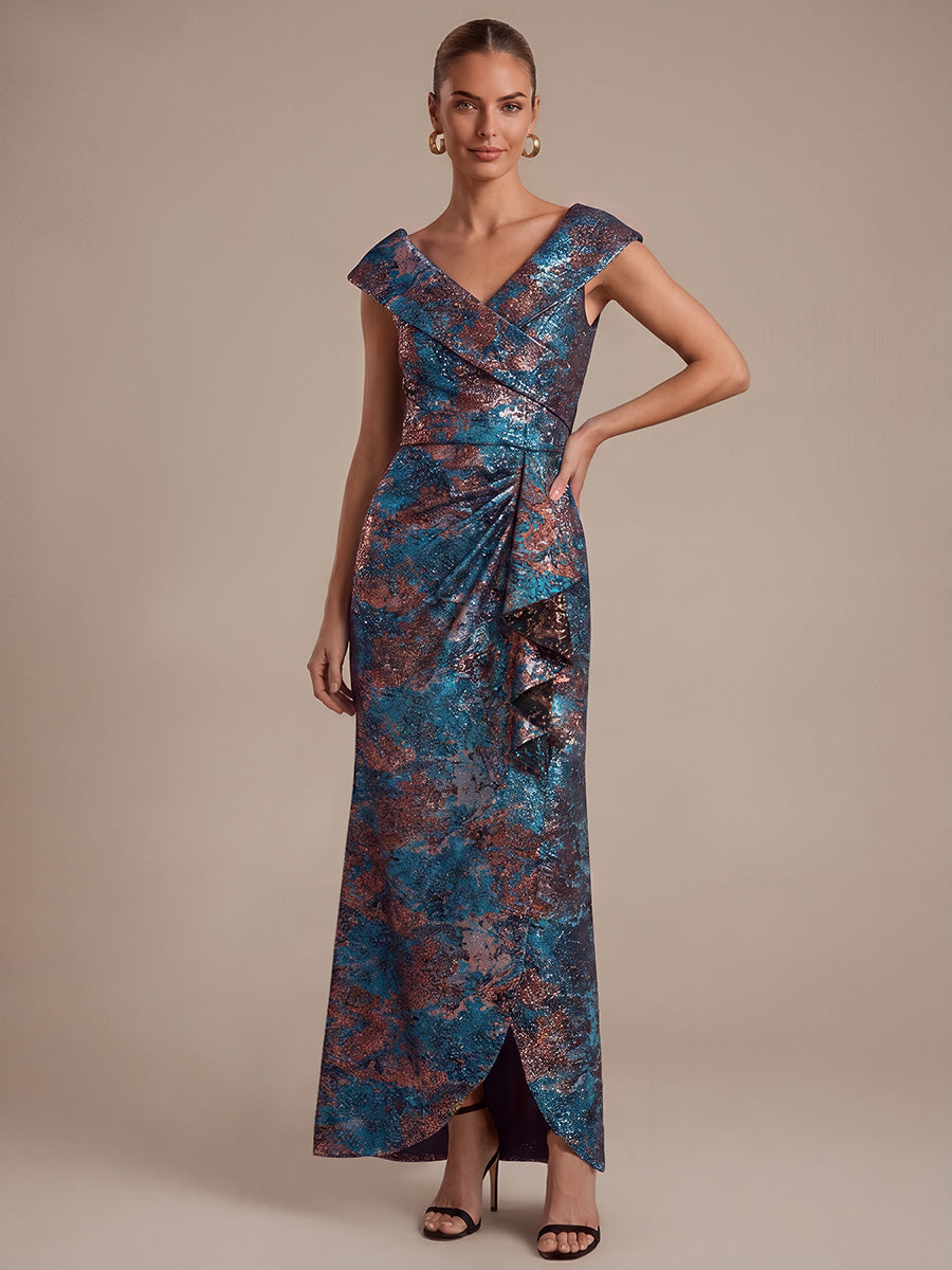 Ruffle Jacquard Cap Sleeve Evening Dress