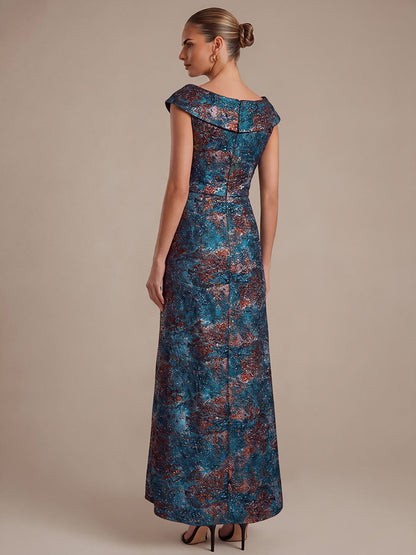 Ruffle Jacquard Cap Sleeve Evening Dress
