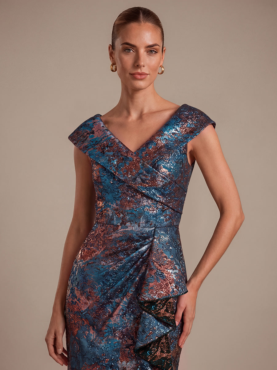 Ruffle Jacquard Cap Sleeve Evening Dress