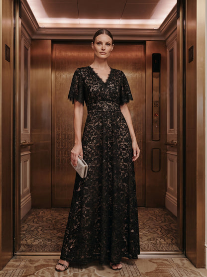 Lace Ruffle Sleeve A-Line Evening Dress