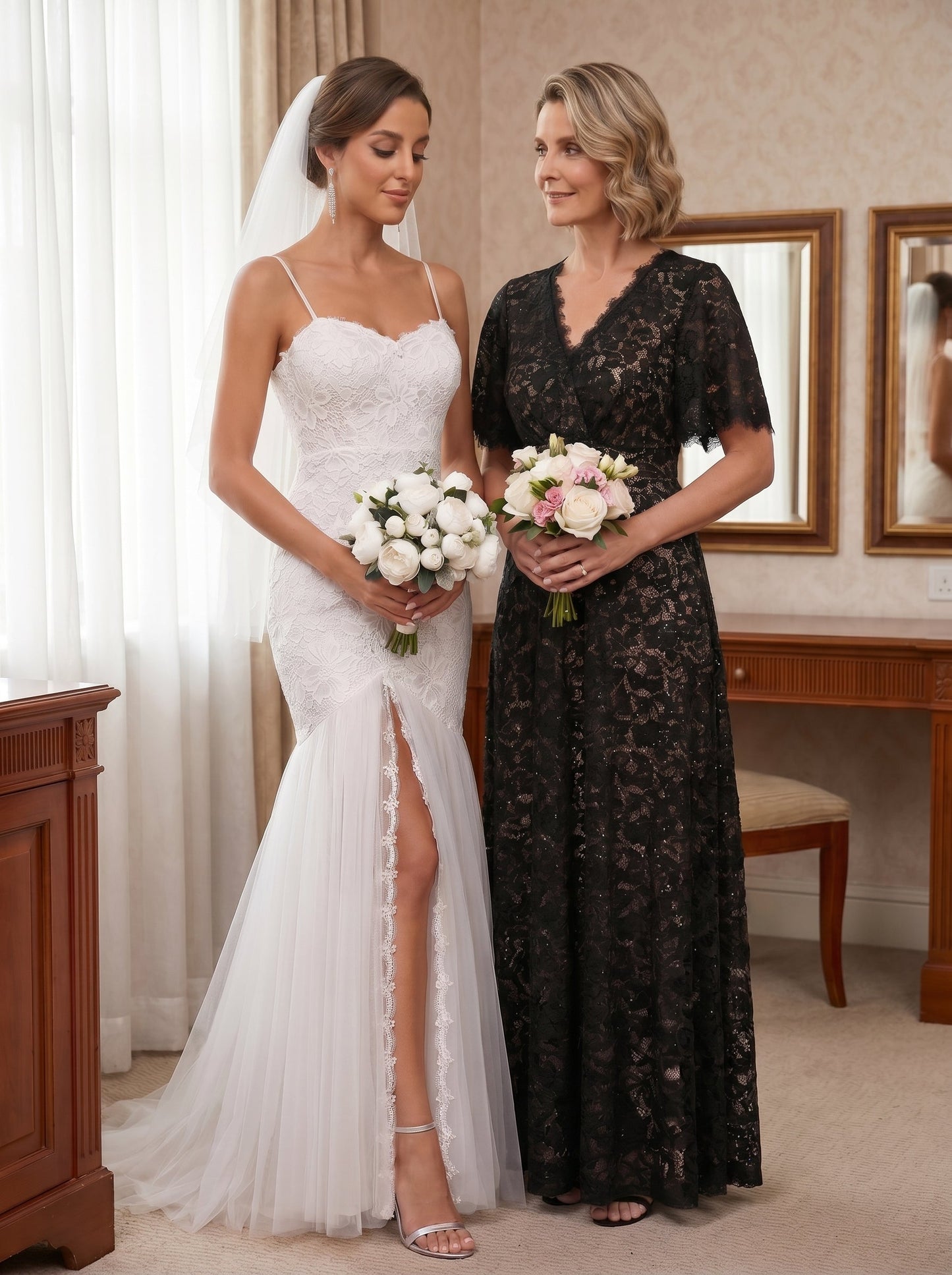 Lace Ruffle Sleeve A-Line Evening Dress