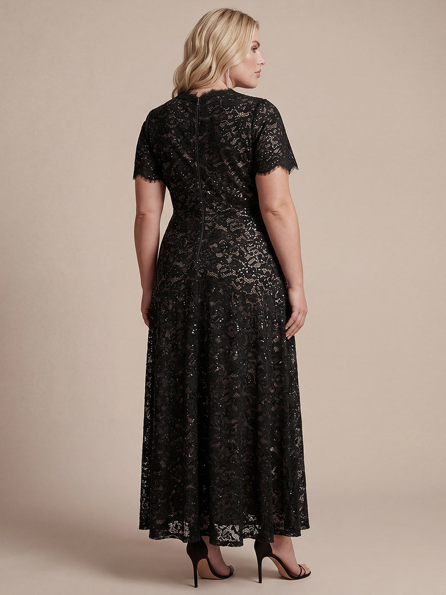 Lace Ruffle Sleeve A-Line Evening Dress