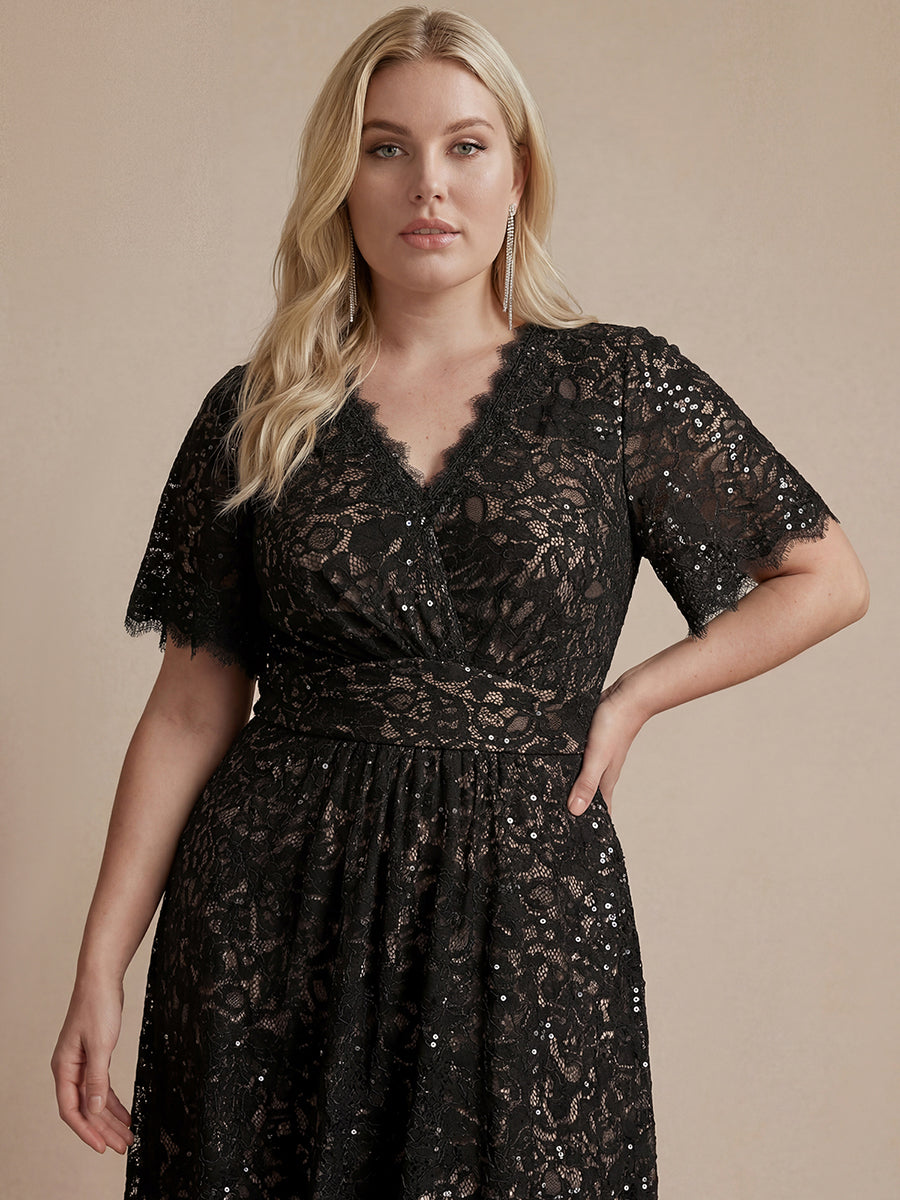 Lace Ruffle Sleeve A-Line Evening Dress